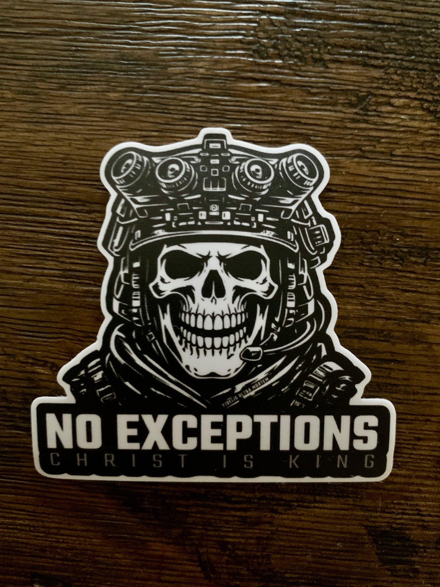 NO EXCEPTIONS – Christ Is King Tactical Skull Warrior 3" Vinyl Sticker | Fidelis Ultra Mortem