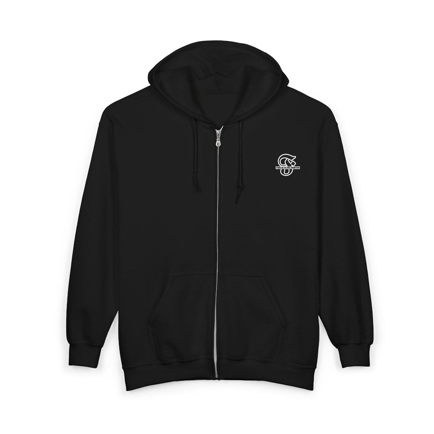 Christ Is King Zip Up Hoodie by Fidelis Ultra Mortem | Gildan 18600 Black Christian Hoodie