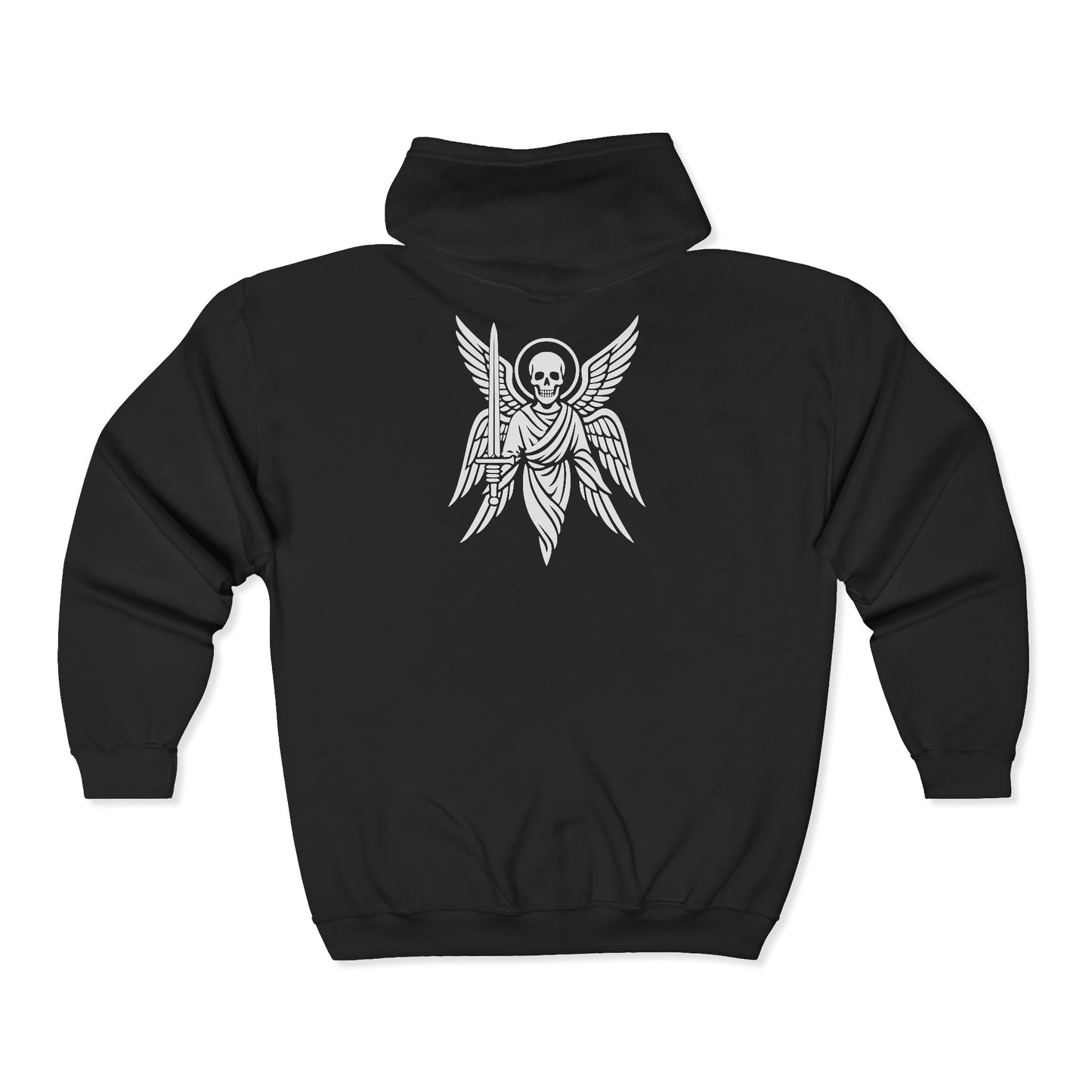 Seraphim Full Zip Hooded Sweatshirt Angel Sword Christian Streetwear Graphic Hoodie - Gothic Faith Warrior Black by Fidelis Ultra Mortem