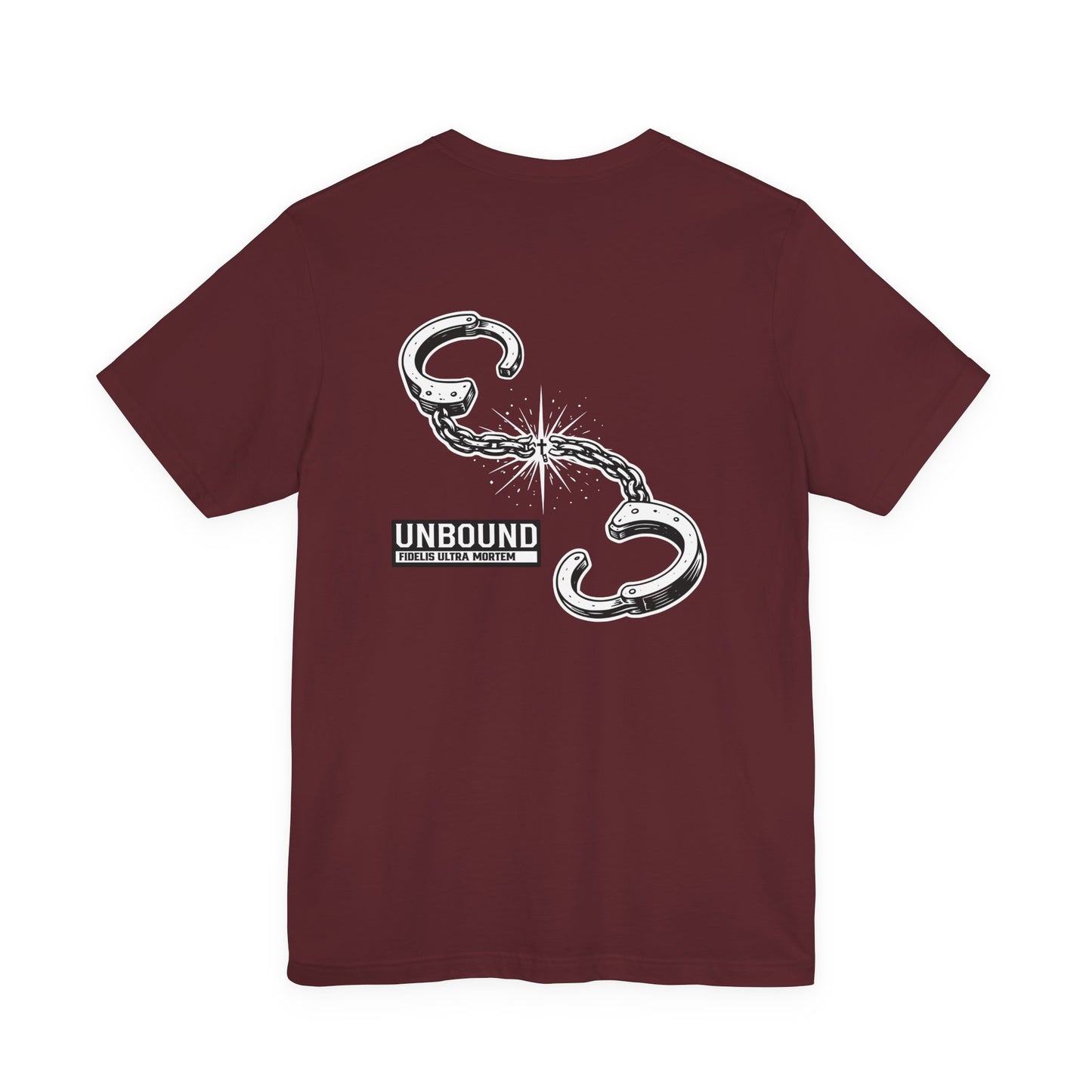 UNBOUND Christian T-Shirt | John 8:36 Freedom Tee | Broken Handcuffs & Cross | Faith Inspirational Shirt | Jesus Sets You Free