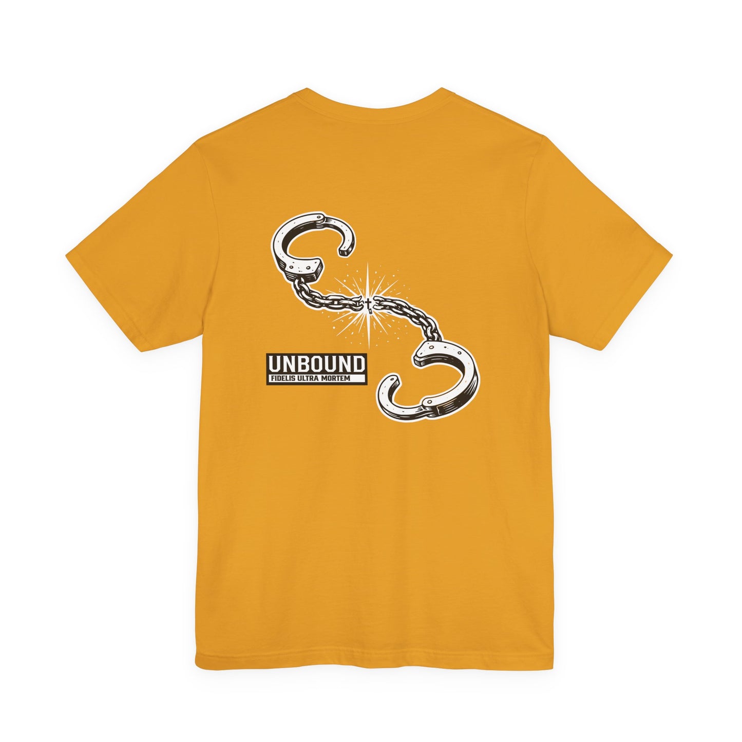 UNBOUND Christian T-Shirt | John 8:36 Freedom Tee | Broken Handcuffs & Cross | Faith Inspirational Shirt | Jesus Sets You Free