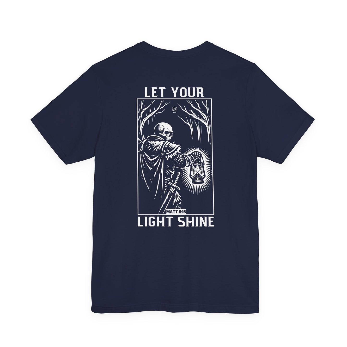LET YOUR LIGHT SHINE Shirt | Christian Warrior Tee | Skull Lamp Faith Shirt | Bella+Canvas 3001 | Minimal Christian Apparel
