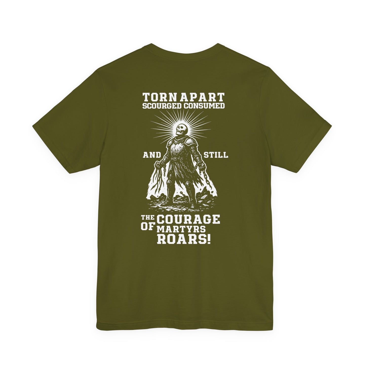 Christian Martyr T-Shirt - "The Courage of Martyrs Roars" Bold Faith Graphic Tee | Black Bella+Canvas 3001 by Fidelis Ultra Mortem