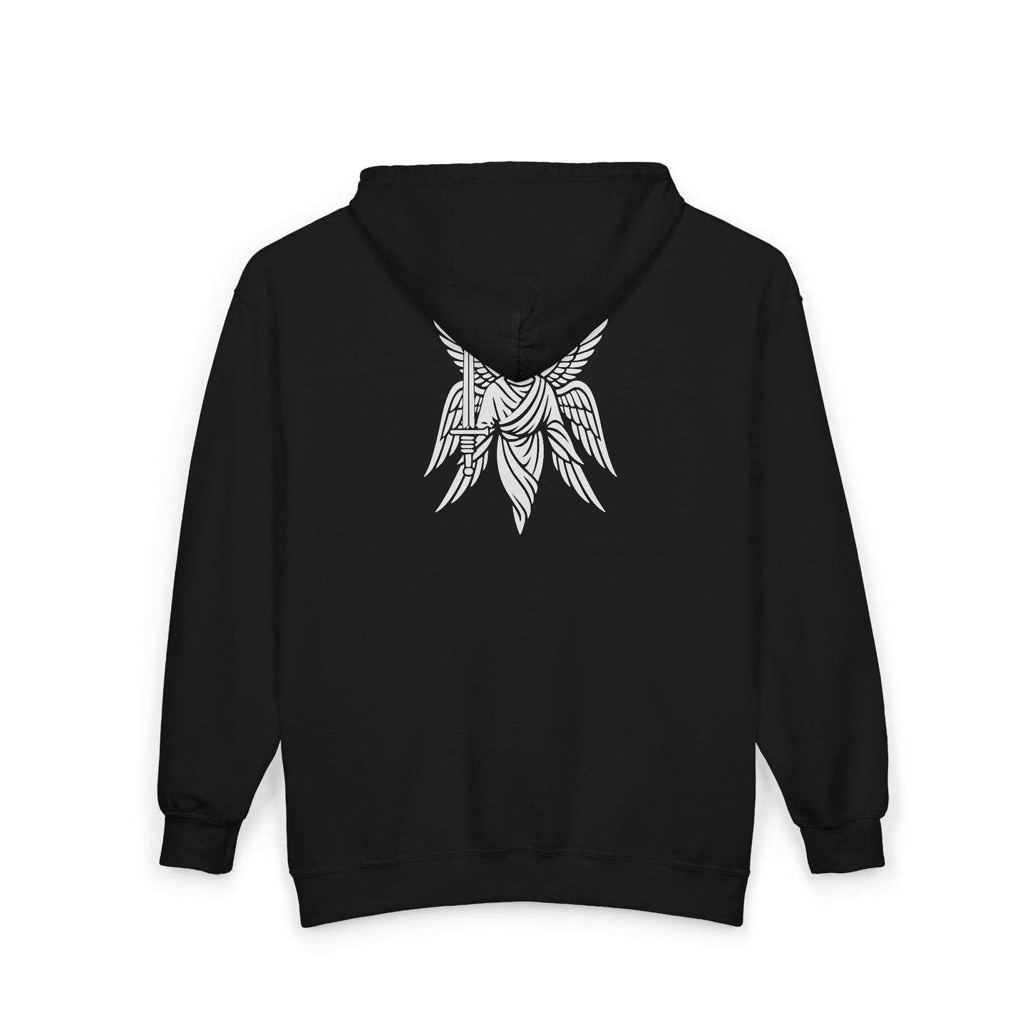 Seraphim Full Zip Hooded Sweatshirt Angel Sword Christian Streetwear Graphic Hoodie - Gothic Faith Warrior Black by Fidelis Ultra Mortem