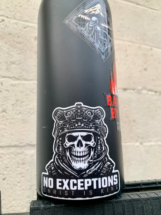 NO EXCEPTIONS – Christ Is King Tactical Skull Warrior 3" Vinyl Sticker | Fidelis Ultra Mortem
